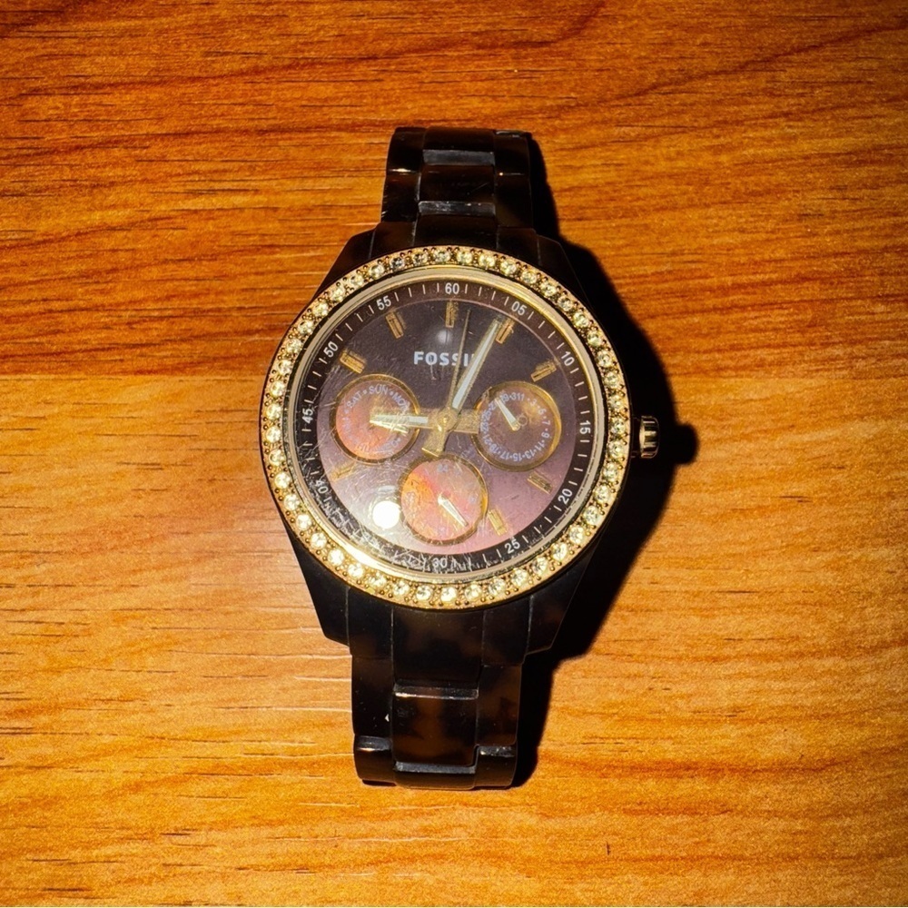 Fossil Womens Watch ES2795 Stella Quartz Gold Tone Faux Tortoise Shell 37mm Read